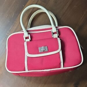Liz Claiborne Red Satchel with Cream Trim and Silver Hardware